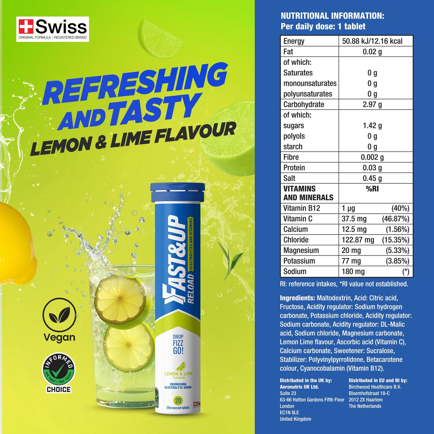 Fast&Up Reload Electrolyte Tablets, 80 Effervescent Tablets, Lemon & Lime Flavour, Rapid Hydration & Energy, with Vitamin C & B12, Vegan