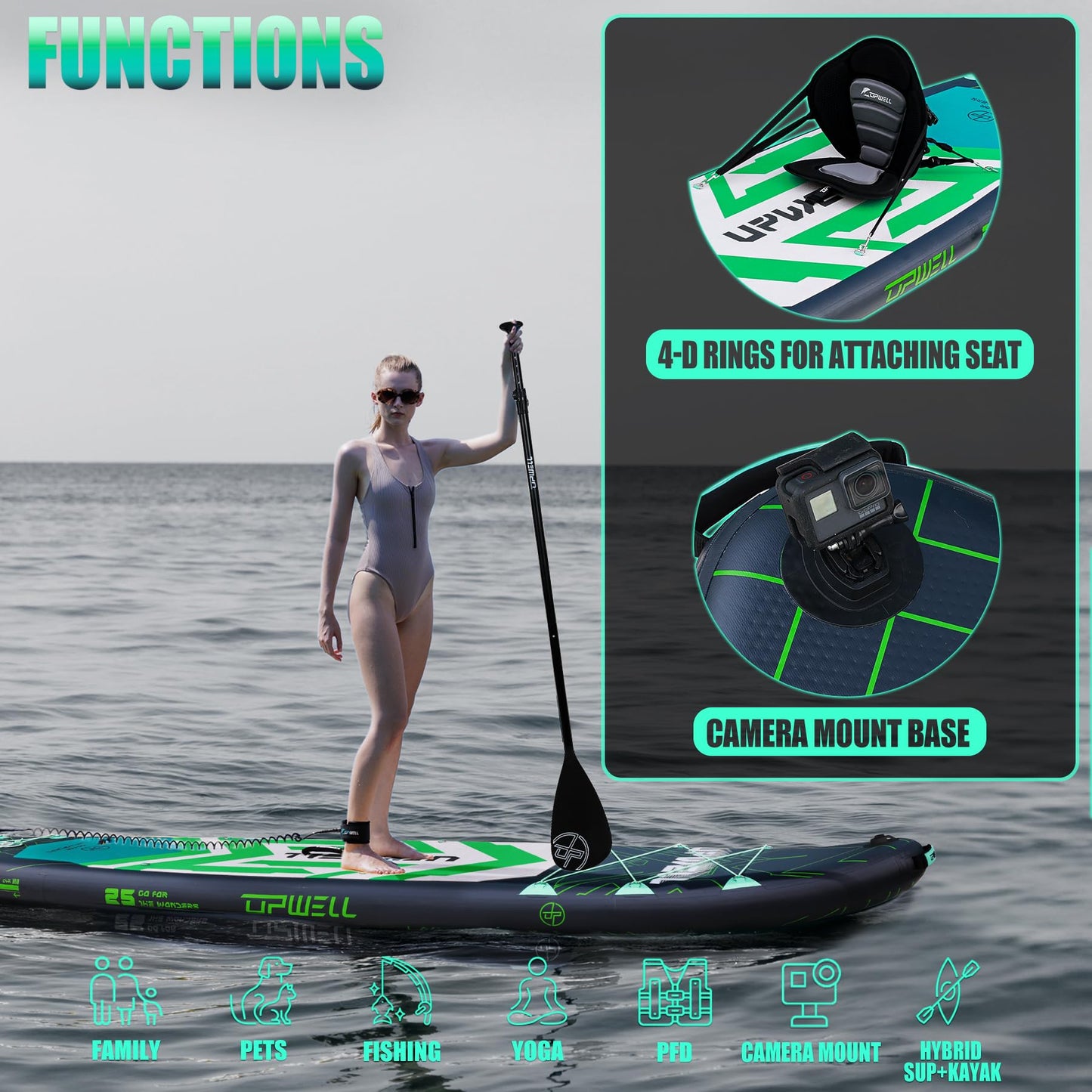 UPWELL 11'6"×35" Extra Wide Inflatable Paddle Board, Stand Up Paddle Board, Sup Paddle Boards for Adults, Chipmech Green