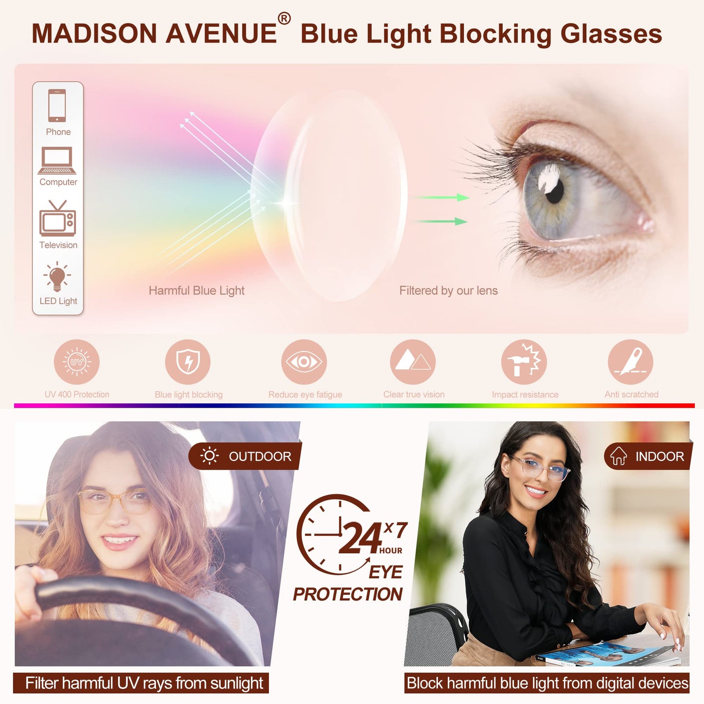 Madison Avenue Blue Light Blocking Glasses Anti Eyestrain UV Glare Blue Light Glasses for Women TV Phone Computer Gaming Eyeglasses Liberty (Crystal Brown)