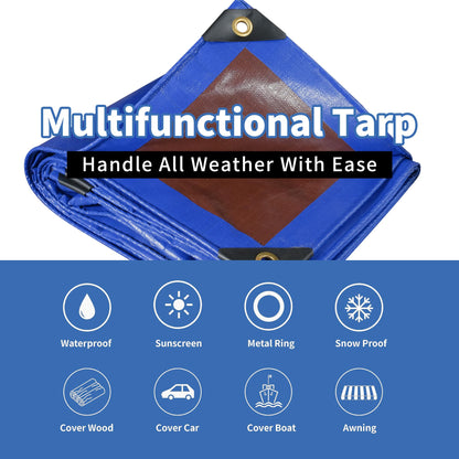 TARPAL 20x40ft Waterproof Heavy Duty Tarp 16Mil Thick with Metal Grommets Every 17.7" Large Multipurpose Tarp Tear-Resistant UV Protection Covers Roof, Pool,Car,Firewood&Outdoor Furniture(Blue/Brown)