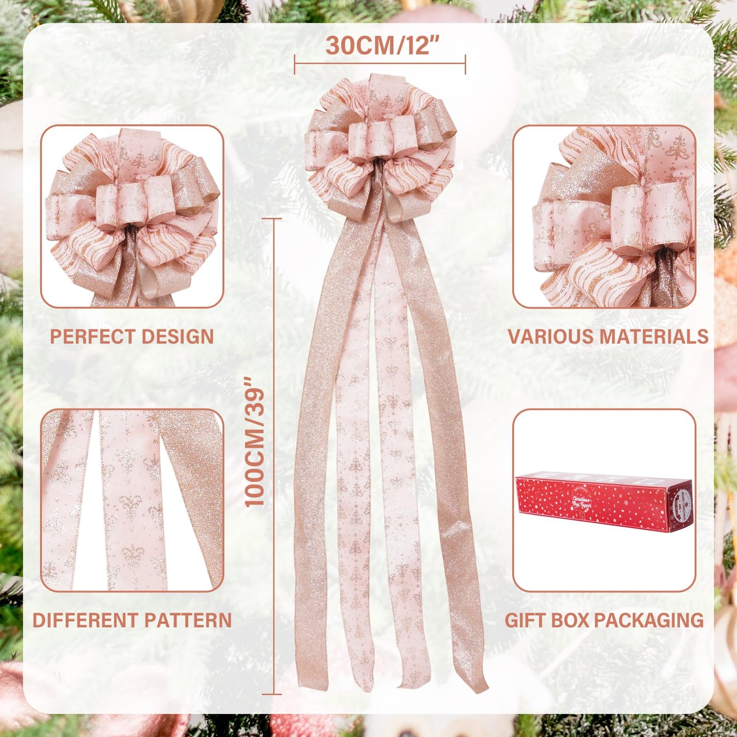 Christmas Tree Topper, 32x12 inch Large Toppers Single Sided Bow with Glitter Satin Mesh Streamer, Rose Gold Christmas Tree Topper for Christmas Home Decoration (Rose Gold)