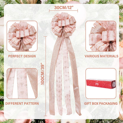 Christmas Tree Topper, 32x12 inch Large Toppers Single Sided Bow with Glitter Satin Mesh Streamer, Rose Gold Christmas Tree Topper for Christmas Home Decoration (Rose Gold)
