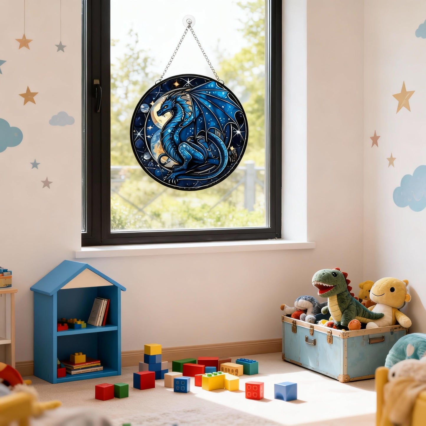 MATIHAY Cartoon Dragon Acrylic Window Hanging Ornament, Moon Dragon Wall Art Decor for Bedroom Birthday Party Supplies Halloween Christmas Decoration (Blue, 11.8"/30cm)
