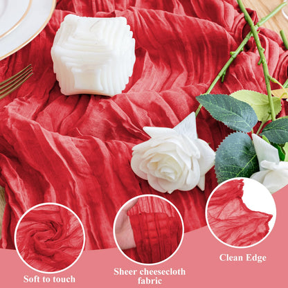 Wokceer Cheesecloth Table Runner Christmas 10FT Red Boho Gauze Fall Cheese Cloth Table Runner for Party Long Rustic Sheer Table Runners for Baby Bridal Shower Wedding Easter Table