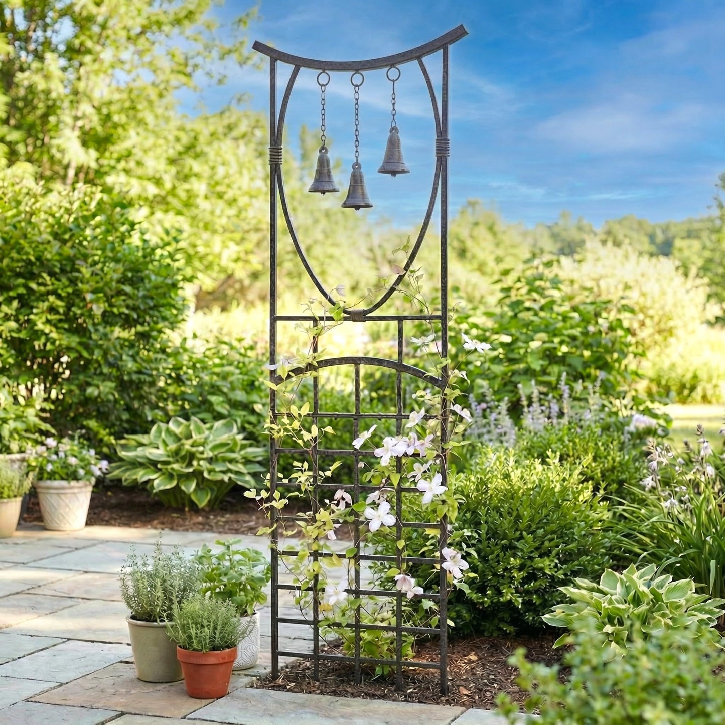 H Potter Bell Garden Trellis 67" Installed Height — 26-Lb Heavy Duty Iron Climbing Trellis with Decorative Bells — 79" Overall with Ground Spikes, Freestanding Outdoor Trellis
