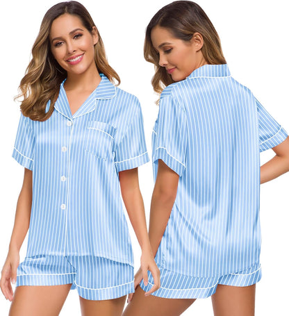 SWOMOG Womens Silk Satin Pajamas Set Short Sleeve Sleepwear Button Down Top and Shorts Loungewear 2 Piece Pjs Set XS-3XL