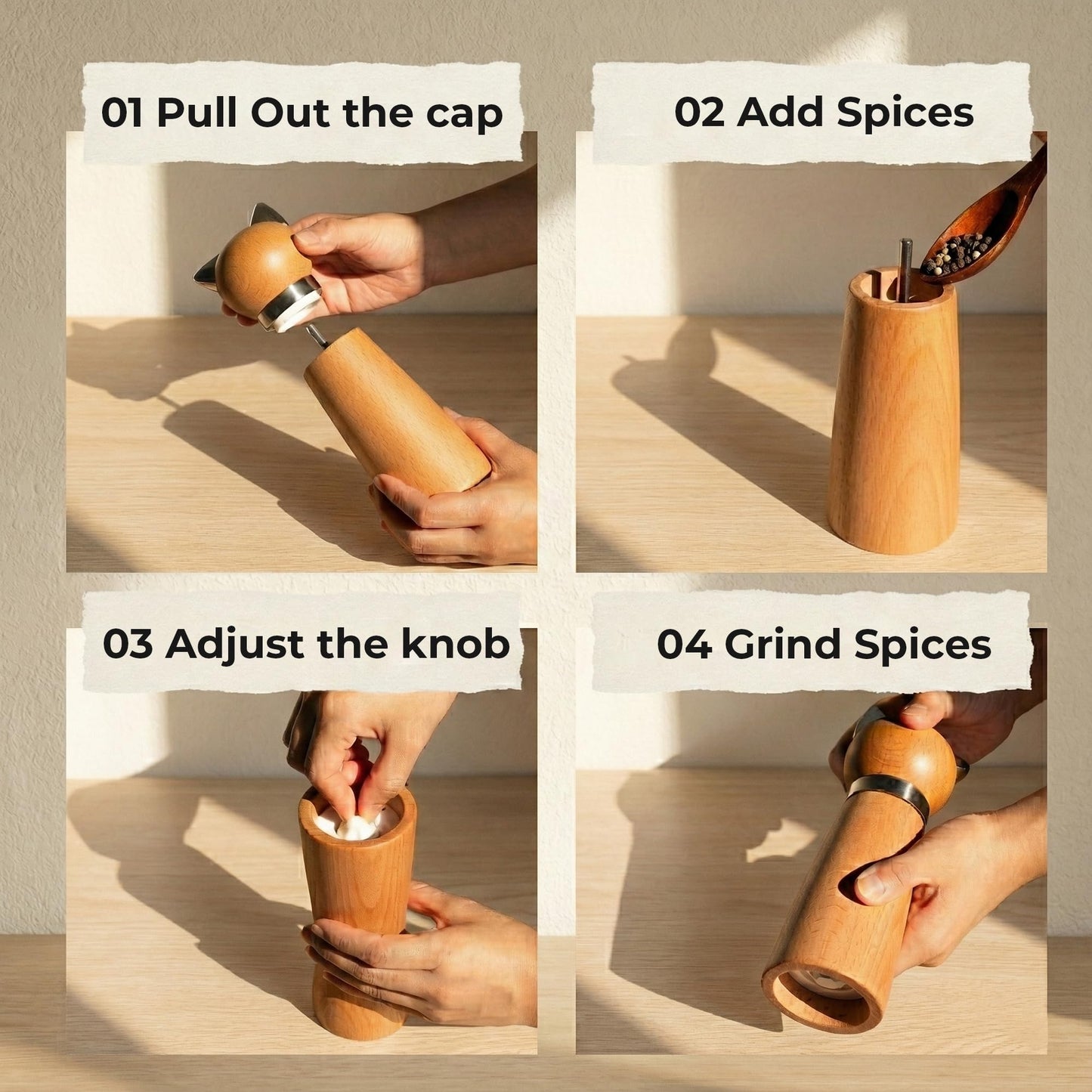Ryevalley Wood Cat Pepper Grinder - Manual Wooden Salt Mill with Adjustable Coarseness - Unique Minimalist Kitchen Decor & Aesthetic Cat Themed Gifts for Cat Lovers, Natural Beechwood