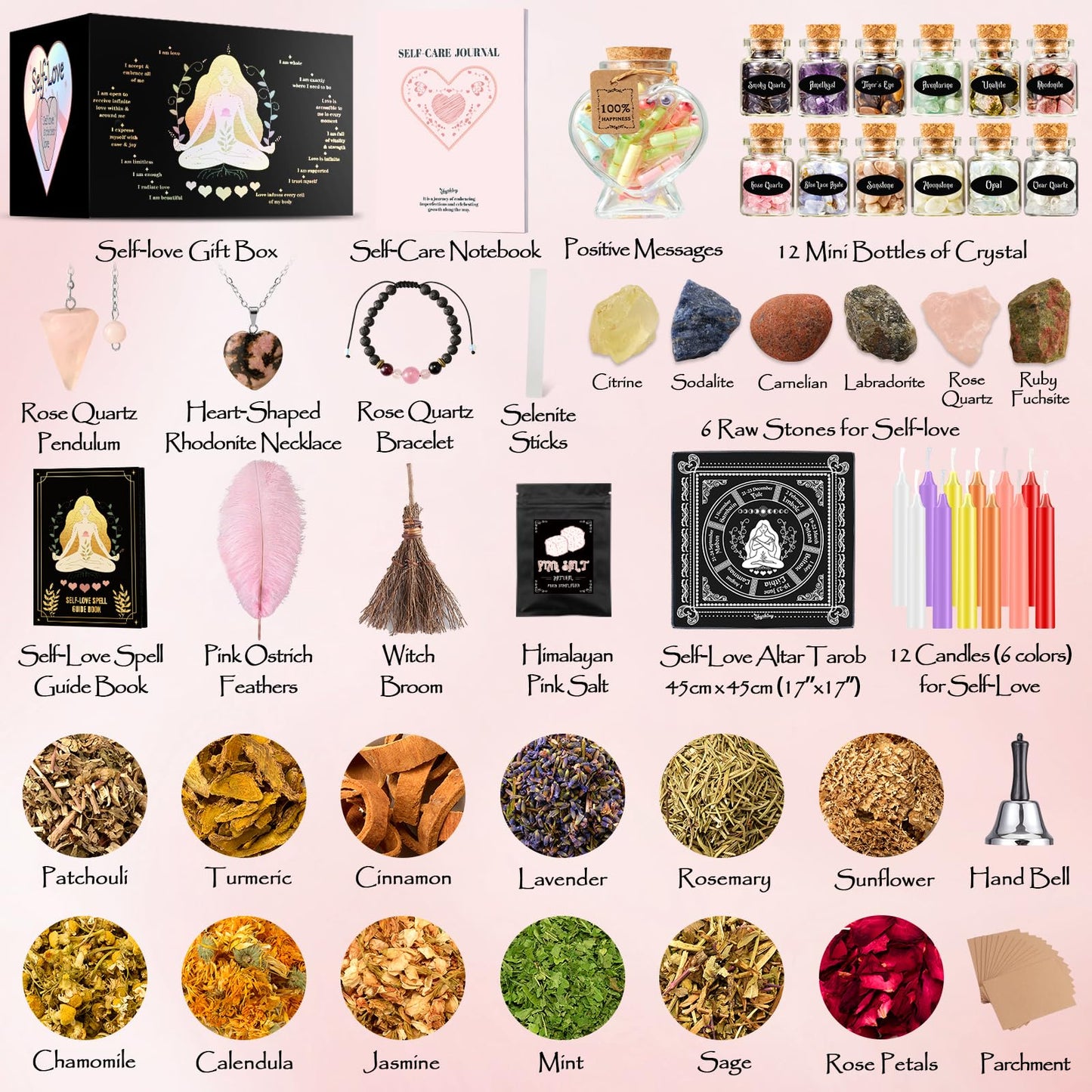 SHYSHINY Self-Love Witchcraft Supplies Kit, 75Pack Wiccan Supplies and Tools with 30+ Positive Messages Capsule Bottle, Self-Love Spell Kit with Self-Care Journal Workbook Witchy Gifts for Women