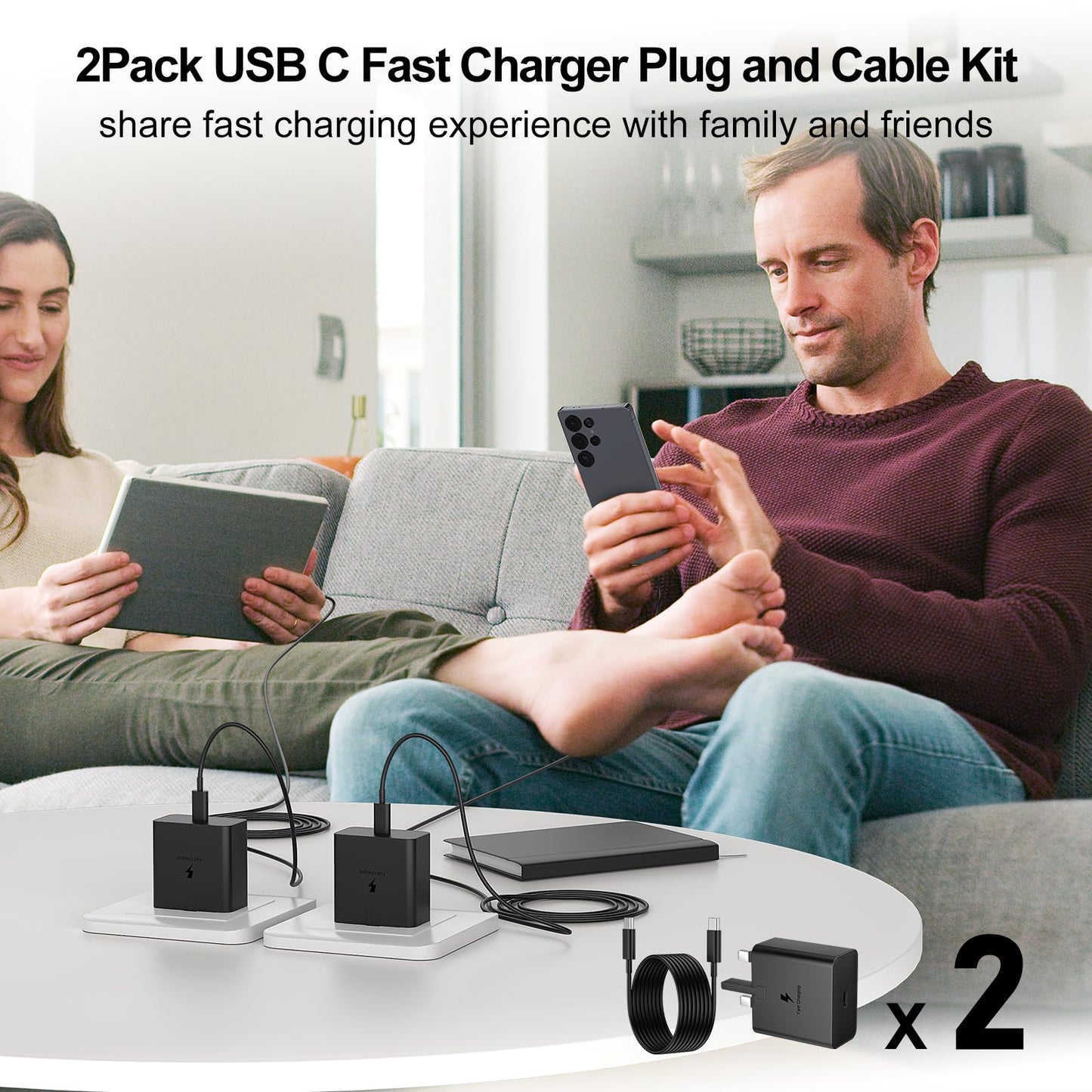 Samsung Fast Charger USB C Plug with USB C Cable 3M Long 25W Type C Super Fast Phone Charging Android Adaptor UK 2-Pack for Galaxy S25 Ultra/S24/S23/S22/S21/iPhone 17/17 Air/17 Pro/Max/16/15 Black