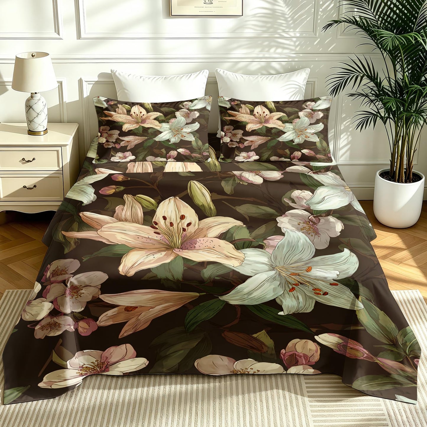 Lily Floral Sheet Set, 4 Pcs Full Size Botanical Bed Sheets