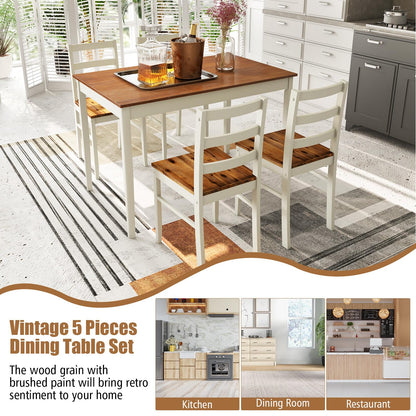 Tangkula Dining Table Set for 4, Solid Wood, Farmhouse Dinette Set w/Rubber Wood Legs, Mid-Century Modern, Compact Dining Table and Chairs Set for Kitchen, Dining Room (Brown+White)
