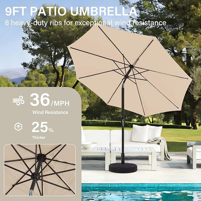 MEWAY 9ft Patio Umbrella Outdoor Table Umbrellas with Push Button Tilt and Crank, Market Umbrella 8 Sturdy Ribs for Deck, Garden, Pool and Backyard, Cream Beige