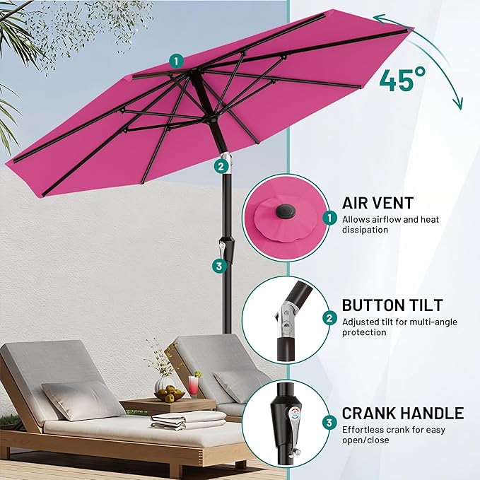AreShark 9 FT Patio Umbrella for Outdoor, Outdoor Table Umbrella with Push Button Tilt and Crank, Outdoor Patio Umbrellas with 8 Sturdy Ribs for Market, Garden, Pool (Rose Pink)