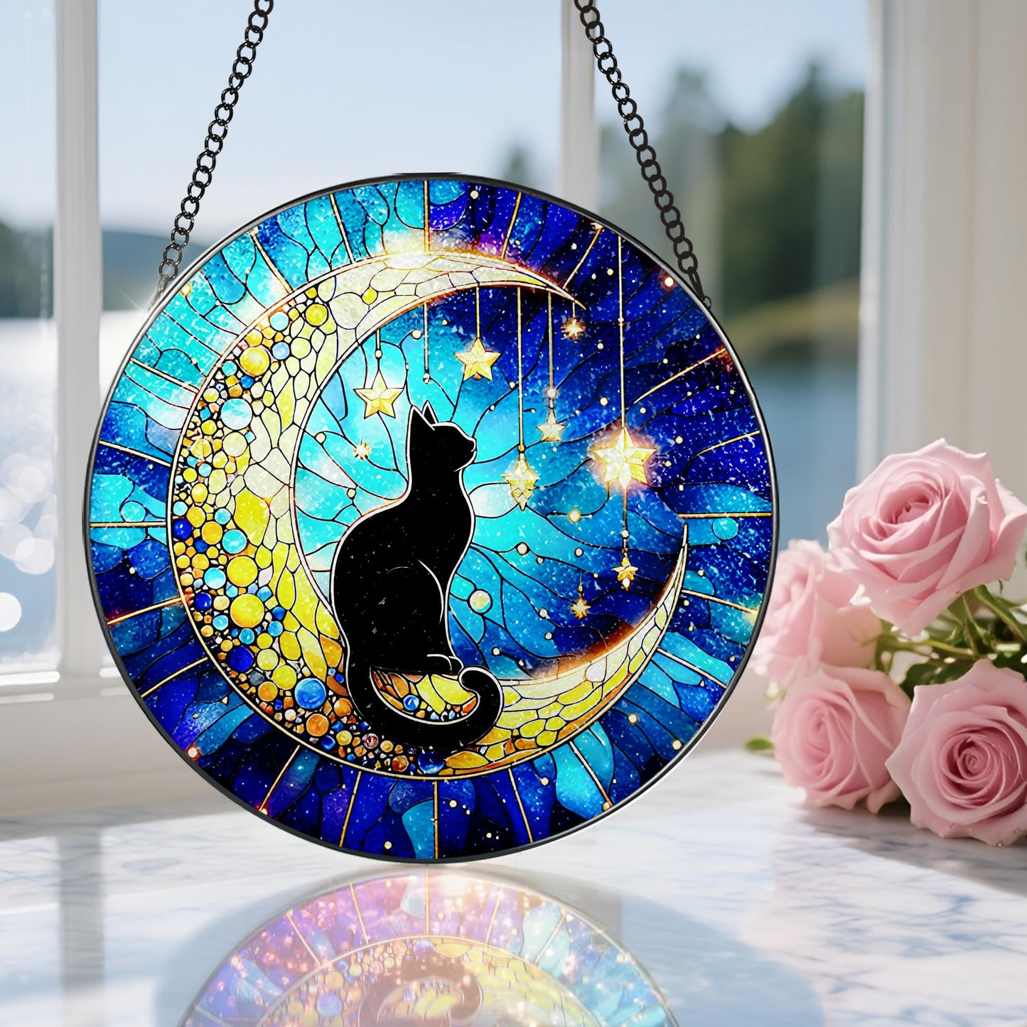8 Inch Stained Glass Suncatcher Ornament, DOUHASU Black Cat Sun Catchers Indoor Window, Stained Glass Window Hanging, Indoor Decor, Home Decor Gift, Gifts for Cat Lovers, Pet Lover Gift