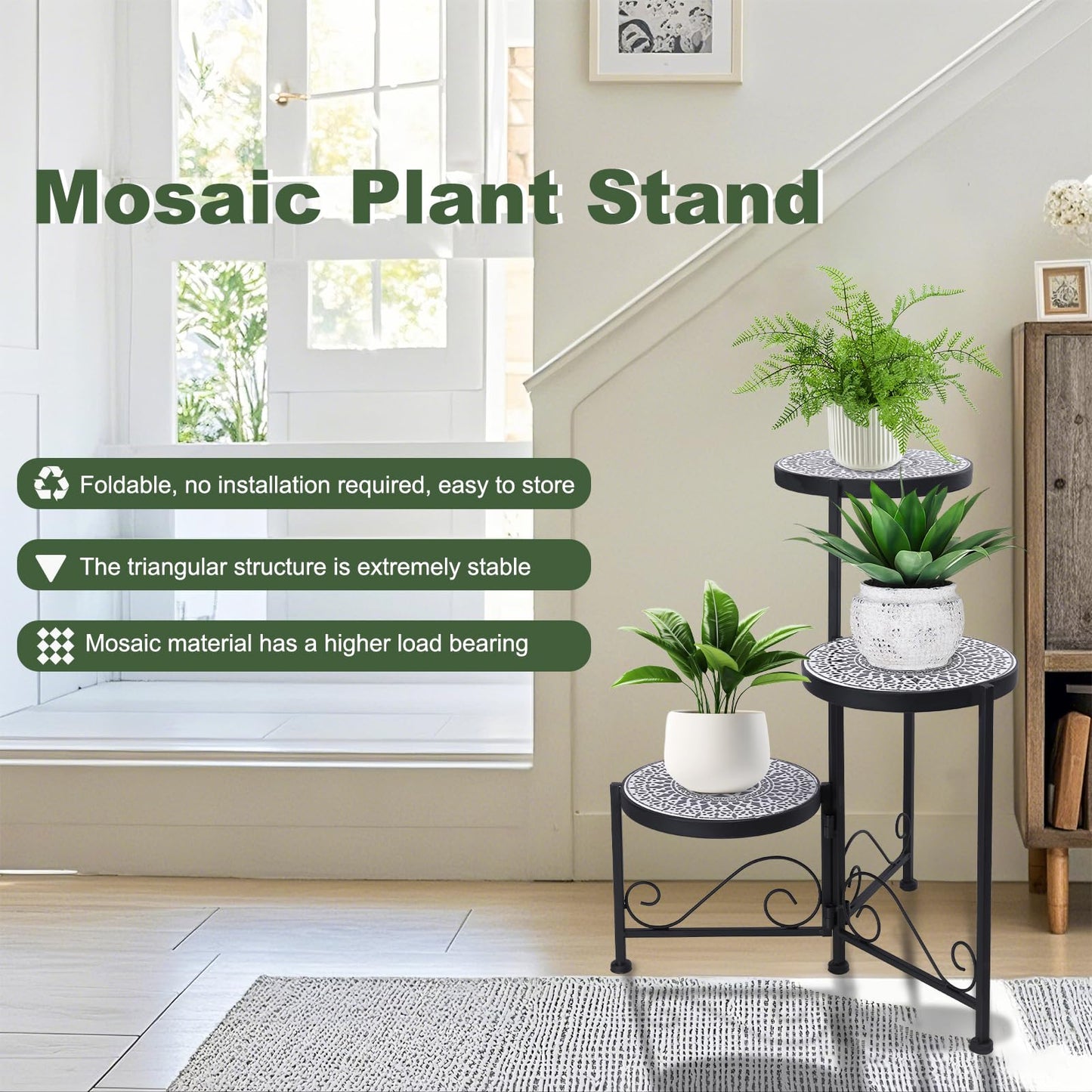 Chonsun 3 Tier Mosaic Plant Stand Foldable Corner Shelf for Indoor Outdoor Tall Plant Holder Display Rack for Patio Balcony Living Room Garden Decor
