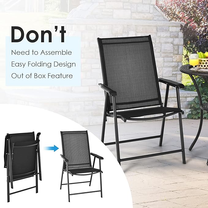 Giantex Set of 4 Patio Folding Chairs, Outdoor Chairs with Armrest, Portable Dining Chairs for Porch Camping Pool Beach Deck Lawn Garden, 4-Pack Patio Chairs, Metal Frame, Black