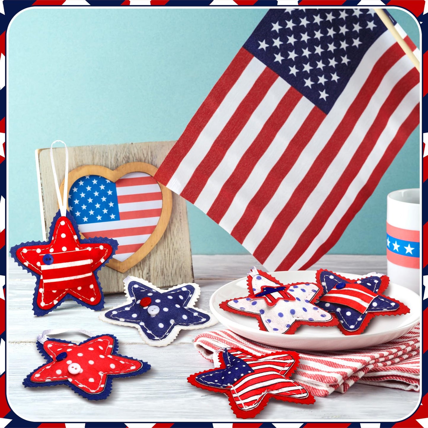 Geelin 18 Pcs Patriotic 4th of July Ornaments Patriotic Red Blue White Decoration for Tree Felt Star 250th Anniversary USA American Flag Tree Decorations 2.36 Inch Hanging Stars for Party Decor