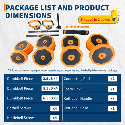 Adjustable Dumbbell Set, 88 LBS 4-In-1 Home Gym Weights with Connector As Dumbbell, Kettlebell,Barbell for Strength Training, Full Body Workout