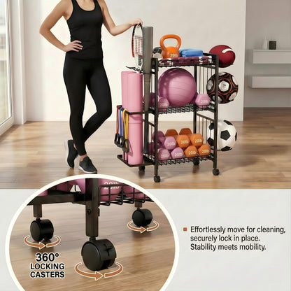 ULAIHOMN 3-Tier Home Gym Storage Rack with Ball Holder & Side Basket Heavy Duty Vertical Workout Equipment Organizer for Yoga Mats with Lockable Wheels