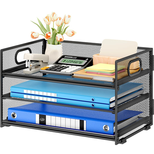 Subekyu 3 Tier Paper Letter Tray Organizer for Desk, Black Metal Mesh Desk File Folder Sorter Organizer with Handle and Sliding Tray for Home, Office, School Supplies Organization Storage