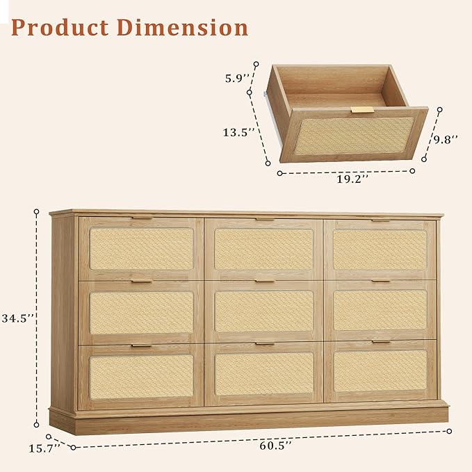 HUAHUU 9 Drawer Dresser for Bedroom, 60 Inch Long Dressers & Rattan Chest of