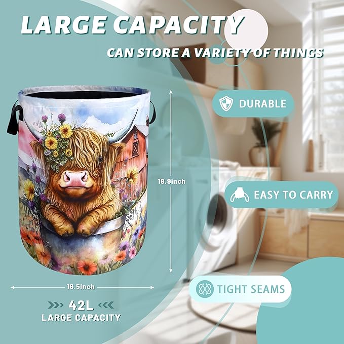 Highland Cow Laundry Basket Floral Farm Foldable Funny Laundry Hamper Oxford