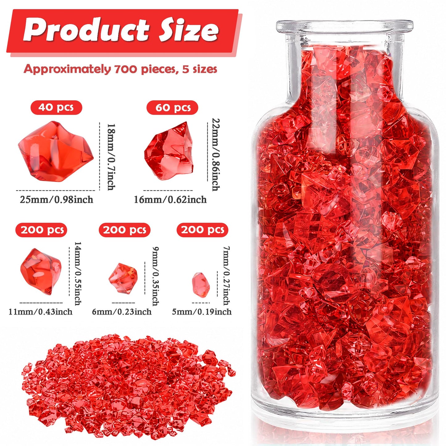BIINEEST 700 Pcs Red Fake Ice Cubes 5 Sizes Acrylic Diamonds Crystals Gems Vase Fillers for Wedding Party Centerpieces DIY Craft Table Scatter Window Display Photography Props Frame Decor
