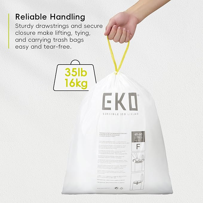 EKO 13 Gallon / 40-60 Liter, Extra-Strong Unscented Garbage Bags, Easy-Dispense