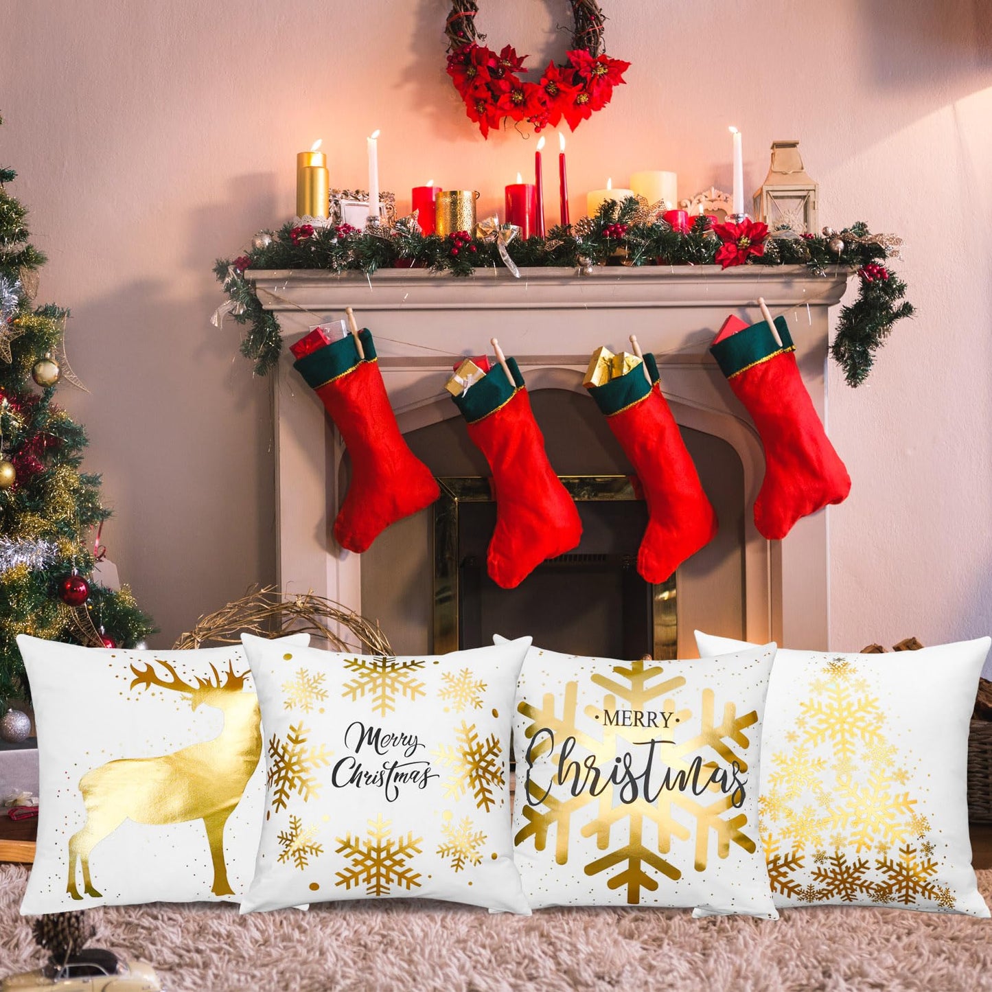 ONWAY Christmas Decorations Gold White Throw Pillow Covers 18x18 Set of 4 Snowflakes Reindeer Decorative Cushion Cases Xmas Golden Decor for Couch Sofa Bedroom
