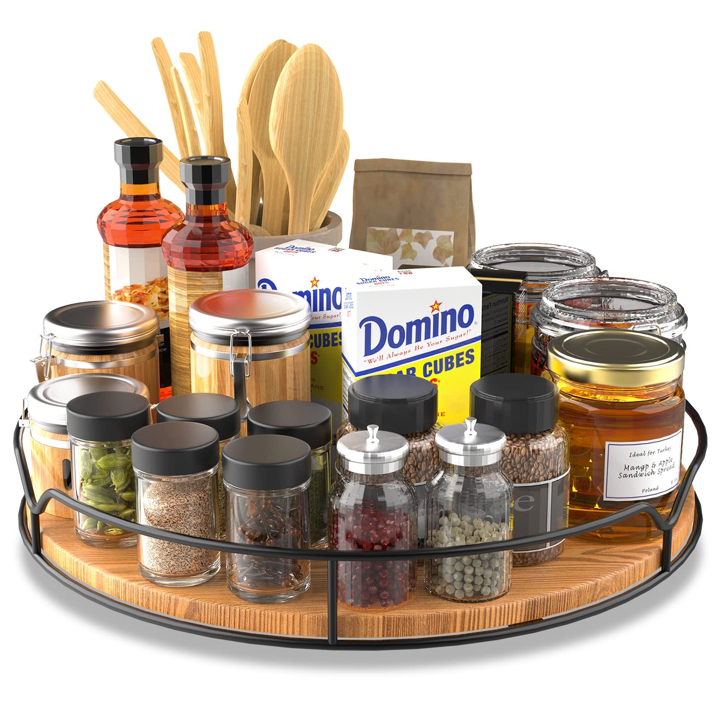 Lazy Susan Turntable Organizer for Cabinet Pantry Kitchen Countertop Refrigerator Cupboard, Pine Wood (Carbonized Black, 12“)