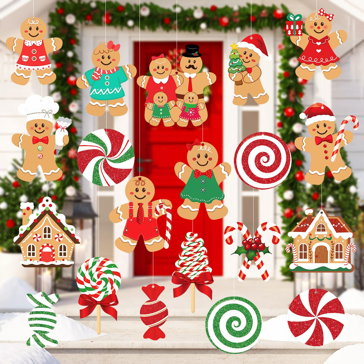 20 Pcs Gingerbread Christmas Decorations Outdoor Large Gingerbread Hanging Xmas Candy Ginger Bread House Decor Double Sided Printing Sign for Tree Yard Porch Office Home Holiday Outside Indoor Merry