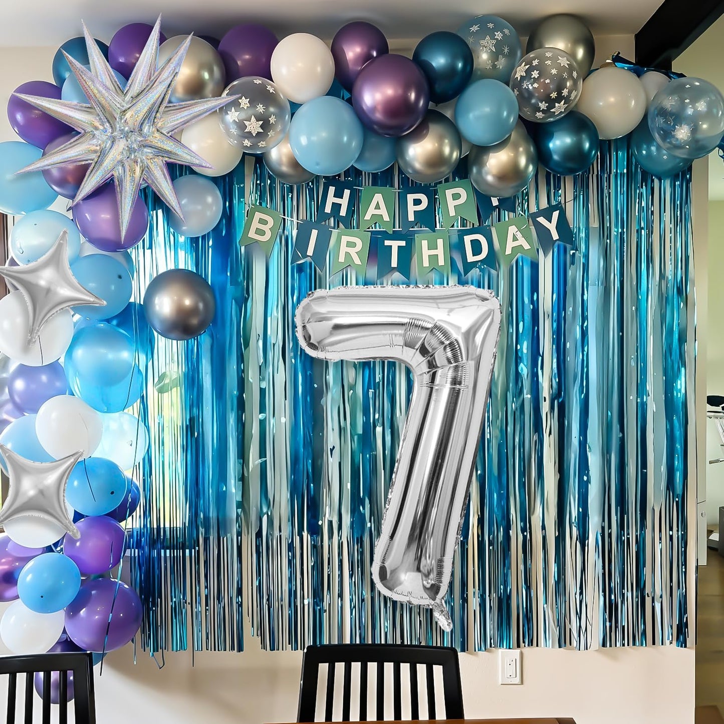 Snow 7th Birthday Decorations Girl, Snowflake Balloon Garland Arch Kit, Laser Explosion Star Balloons, Silver Number 7 Balloon Tower for Baby Shower Girls 7th Snow Theme Party Supplies