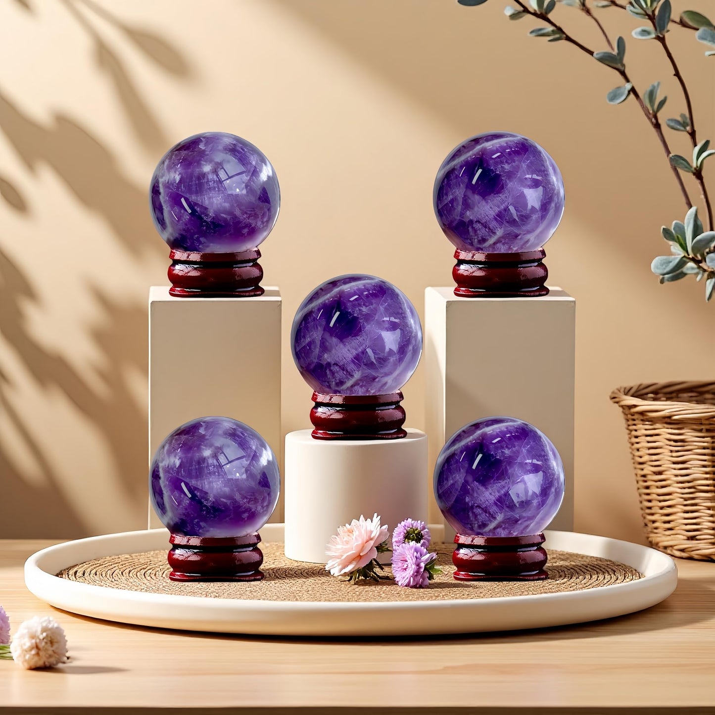DUKIZA Natural Amethyst Ball 5PC Real Crystal Ball Crystal Decor Sphere for Healing Amethyst Ball Crystal Ball with Stand Real Crystal Sphere for Decor and Divination