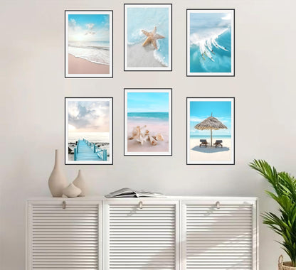 6Pcs Blue Coastal Wall Art,Beach Poster Prints,Summer Ocean Surf Pictures,Seaside Nature Scenery Wall Decor for Living Room Bedroom 8x10-inch UNFRAMED