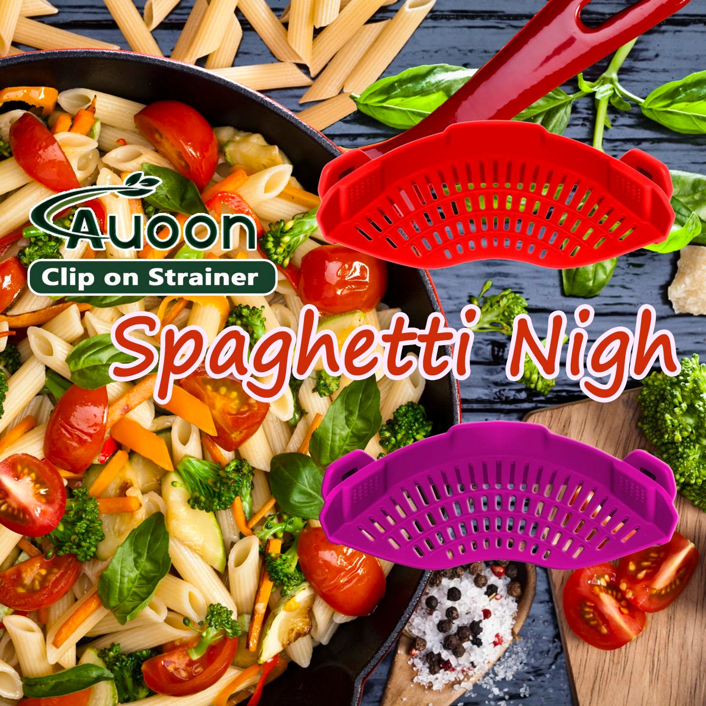 AUOON Clip On Strainer Silicone for All Pots and Pans, Pasta Strainer Clip on Food Strainer for Meat Vegetables Fruit Silicone Kitchen Colander