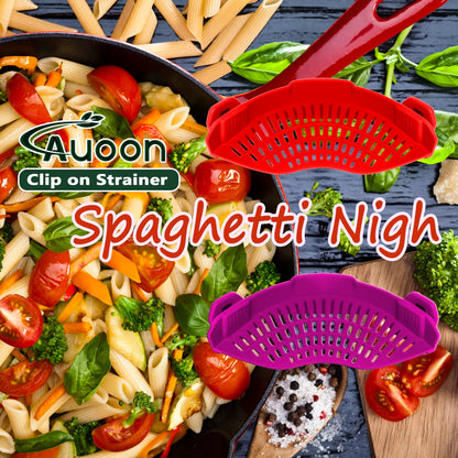 AUOON Clip On Strainer Silicone for All Pots and Pans, Pasta Strainer Clip on Food Strainer for Meat Vegetables Fruit Silicone Kitchen Colander