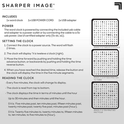 Sharper Image® LED Light-Up Word Clock, 7.75" Modern Design, Electronic Accent Wall or Desk Clock, USB Cord & Power Adapter, Unique Contemporary Home & Office Decor, Easy Setup, Housewarming Gift