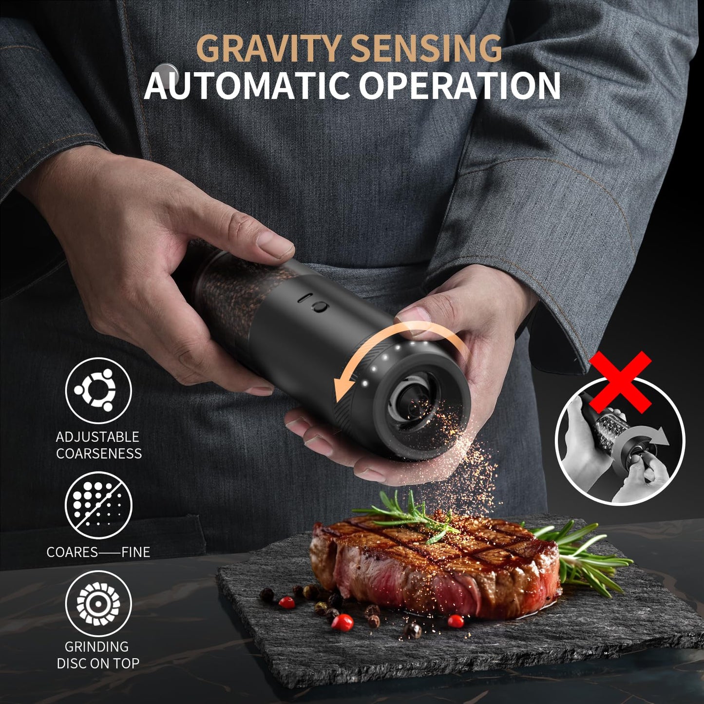 YUMCOOK Gravity Sensor Electric Salt and Pepper Grinder Set - Hands-Free Automatic Mill, One-Hand Operation, No Button Needed, Ideal for Arthritis & Weak Hands, Battery-Powered Kitchen Essentials