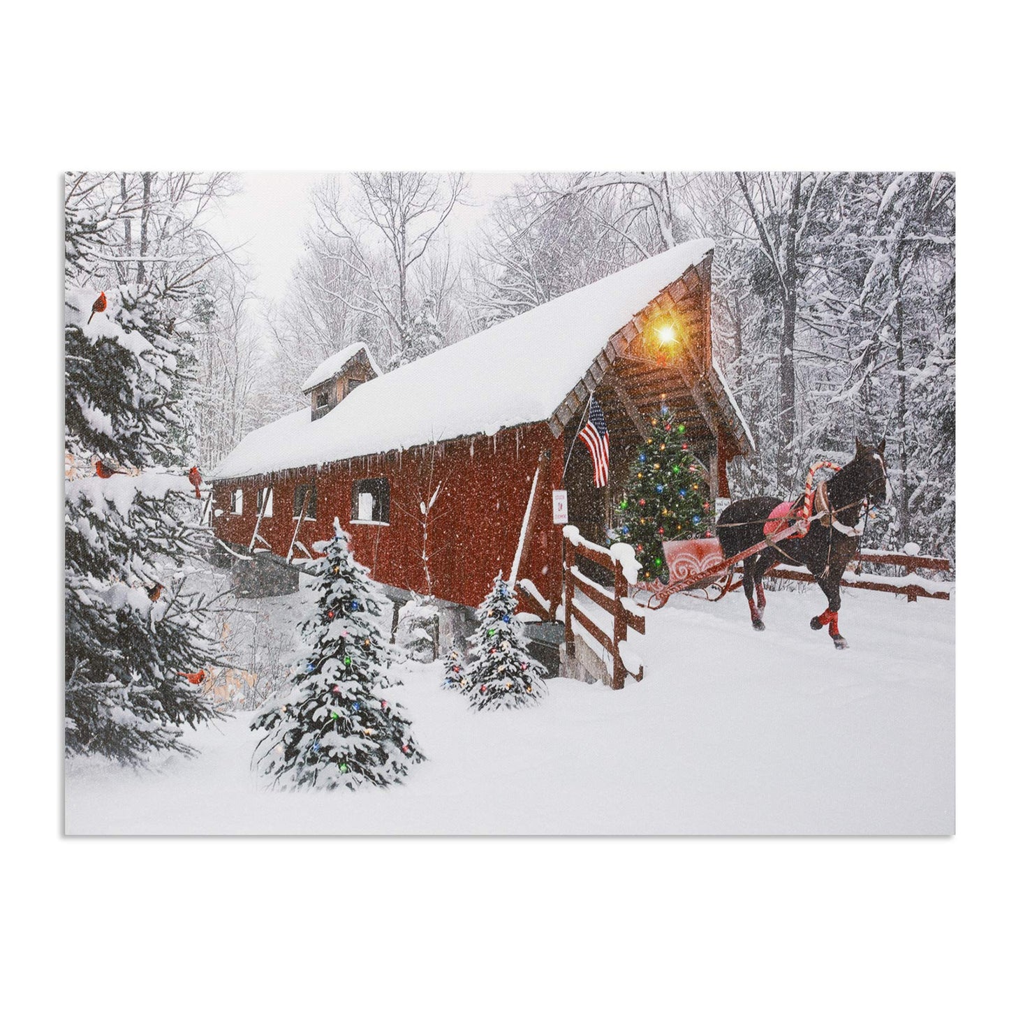 BANBERRY DESIGNS Lighted Red Covered Bridge Wall Print - Horse Pulling Sleigh with Christmas Tree - Winter Holiday Scene - LED Canvas Print - Measures 15.75" x 11.75"
