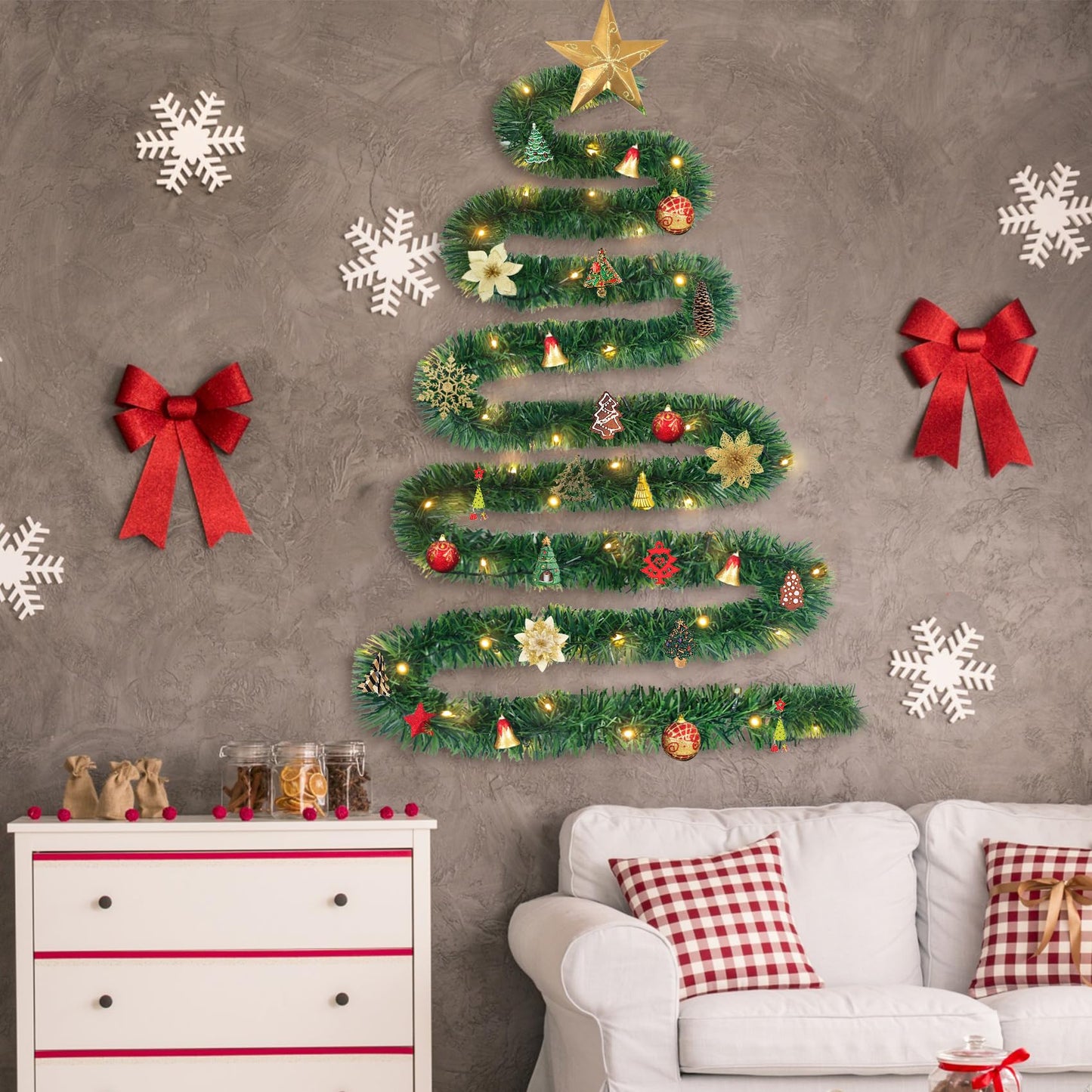 Ouddy Decor Christmas Garland with Lights, 19.7 Ft 60 Led Pre-lit Christmas Greenery Garland Battery Operated for Mantle Stairs Railing Party Winter New Year Outdoor Indoor Home Decor, Warm White