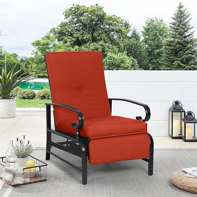 Oakcloud Adjustable Outdoor Lounge Chair Metal Patio Relaxing Recliner Chair with Removable Cushions(Red)