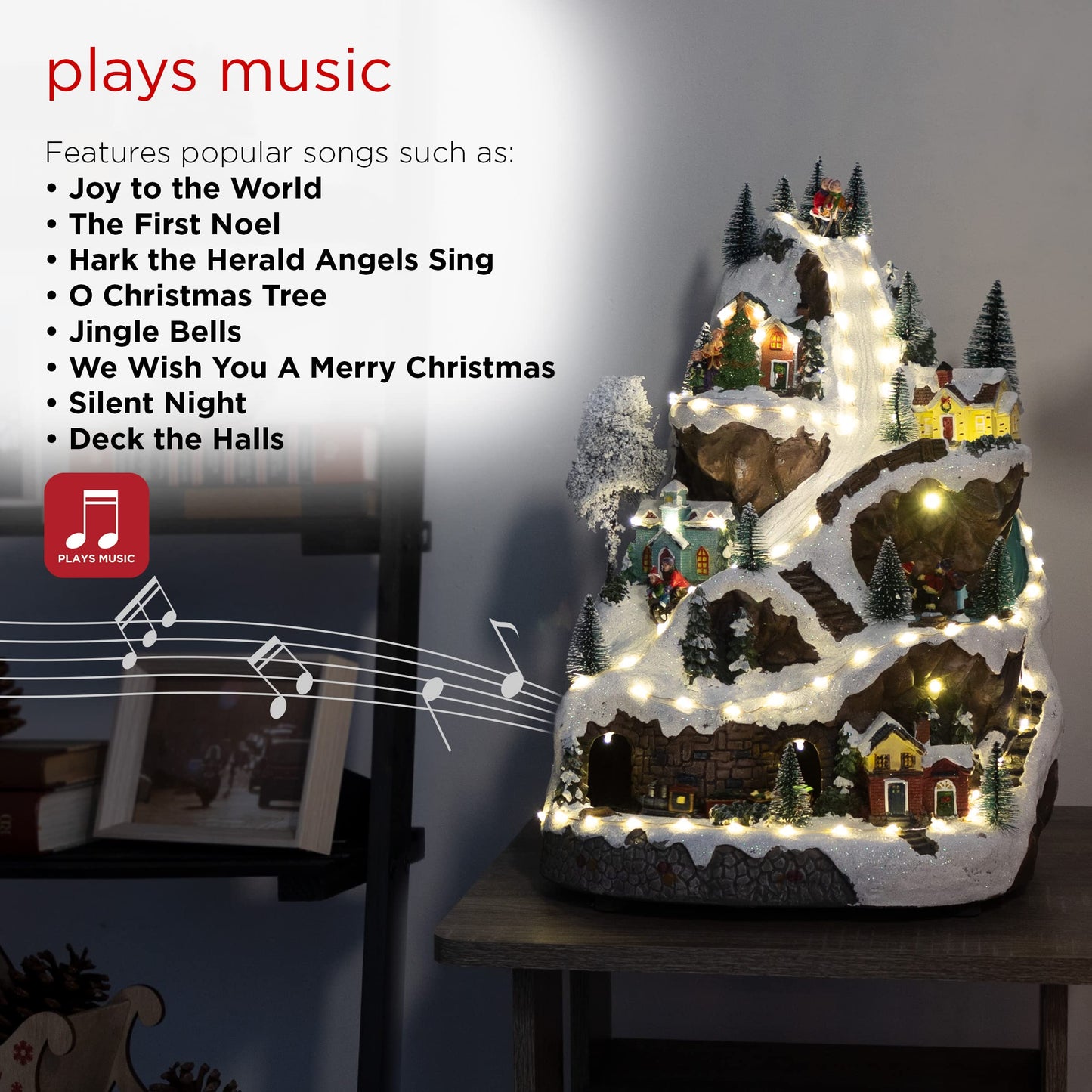 Alpine Corporation 18"H Indoor Animated Winter Wonderland Christmas Tabletop Decor with and Warm White LED Lights and Music, Holiday Display