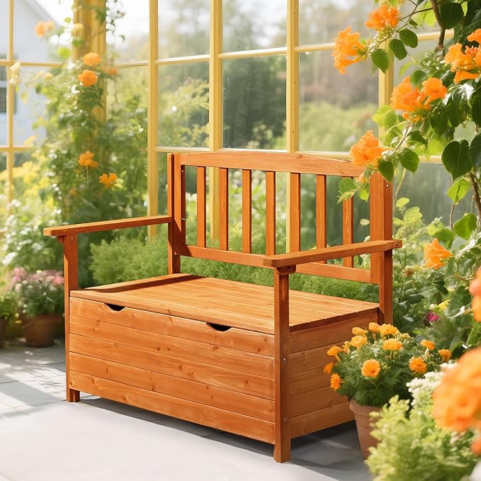 VINGLI Outdoor Storage Bench, Large Wood Deck Box with Seating, Weatherproof Outdoor Bench with Storage Loveseat, 2-Person Wooden Patio Bench for Entryway, Backyard, Garden