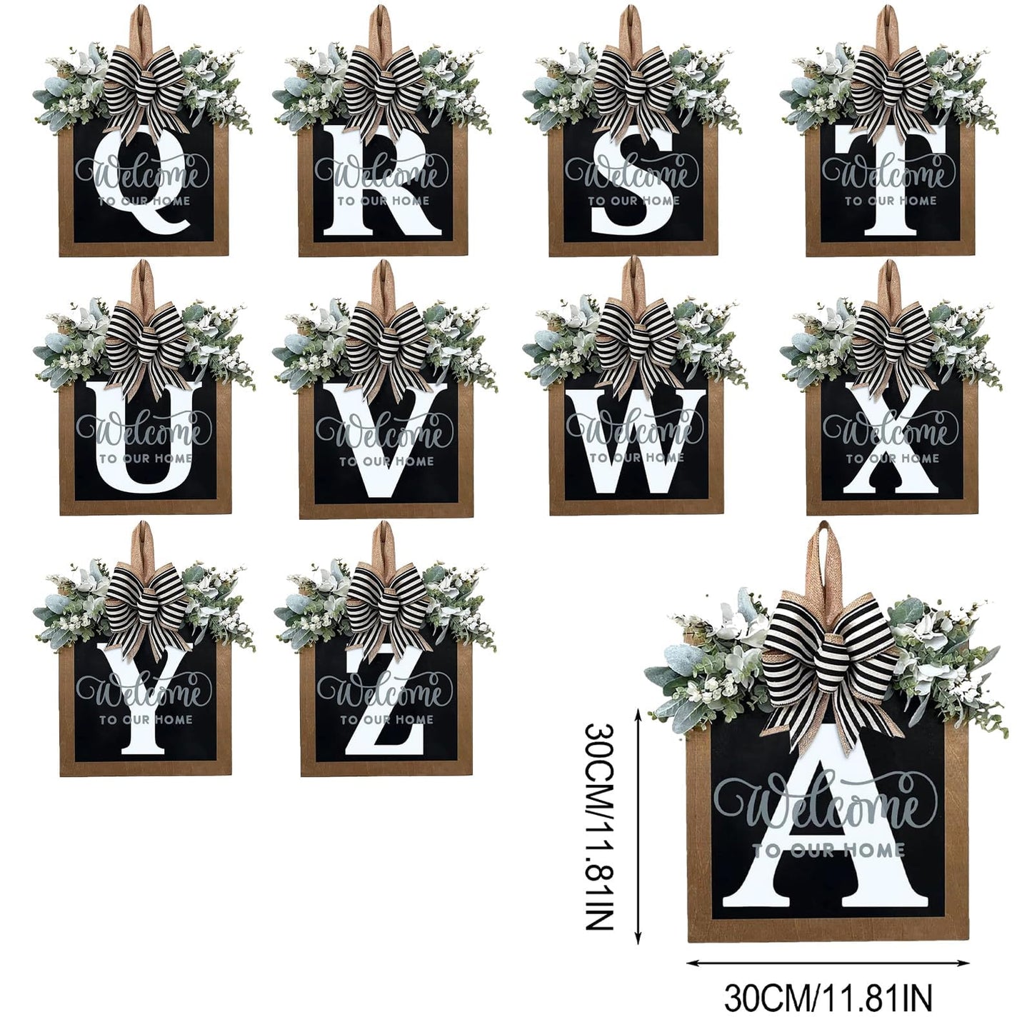 Last Name All Year Round Front Door Wreath with 26 Initial Letter Welcome Sign All Seasons Eucalyptus Garland and Bow ，Farmhouse, Porch, for Spring Summer Fall All Seasons Holiday Halloween Christmas.（G）