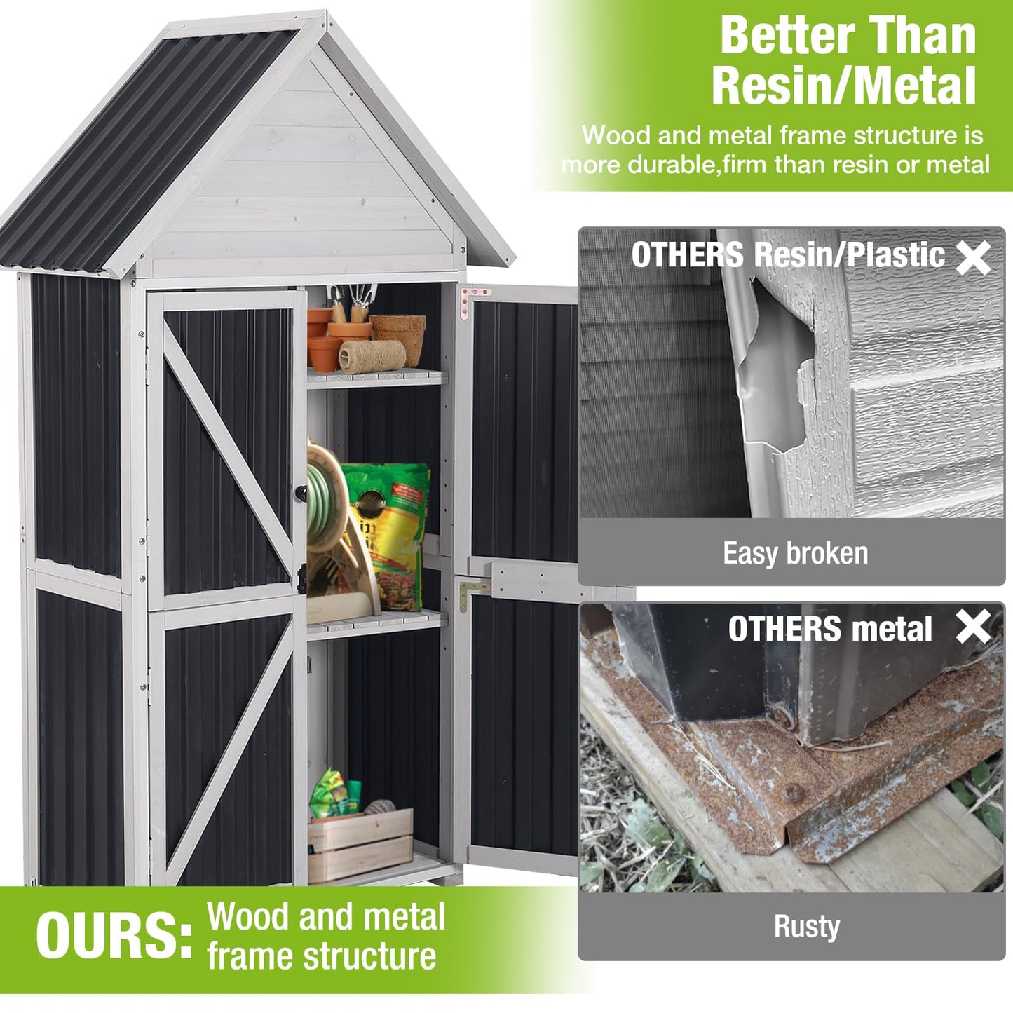 GUTINNEEN Outdoor Storage Cabinet, Wood & Metal Frame Garden Storage Shed with Waterproof Plastic Roof, Adjustable Shelves, Raised Base, Weather-Resistant Tool Shed for Backyard, Patio & Lawn, 67.5"H