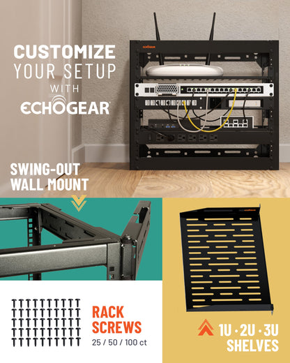 ECHOGEAR 10U Network Rack - Wall Mountable Heavy Duty 4 Post Design Holds All Your Networking & AV Gear - Open Frame Design Includes 2 1U Vented Shelves & Mounting Hardware