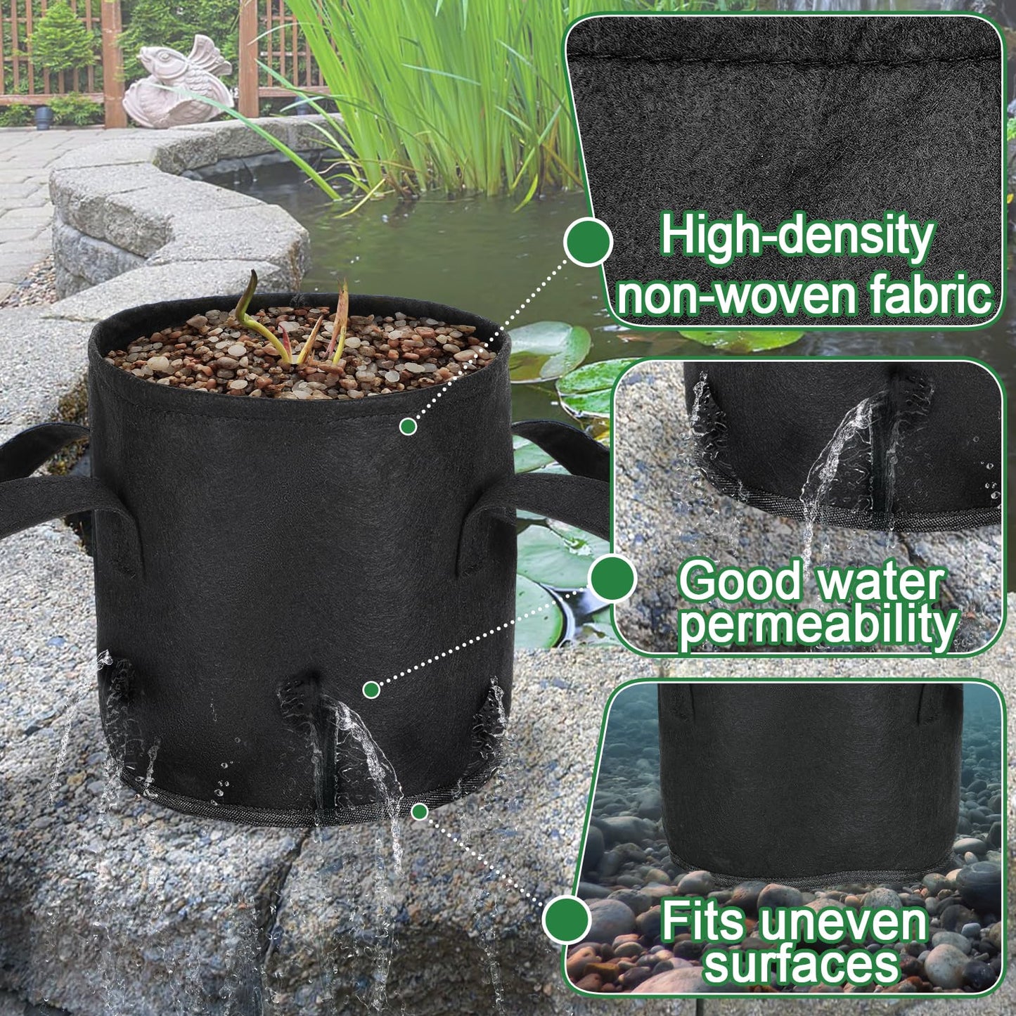 Aulock 8-Pack Lily Grow Bags for Pond - Durable Nonwoven Fabric Plant Pots with Handles, Aquatic Pond Planter for Aquatic Plants Water Lily, Black, (8''x 8''- 1.8 Gallons)