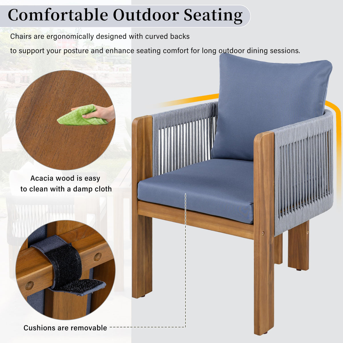 Merax Luxury 5-Piece Outdoor Patio Dining Set for 4, Solid Acacia Wood Dinning Set with Rope Woven Chairs,Farmhouse Dining Furniture Set for Garden, Backyard, Poolside, Brown+Gray