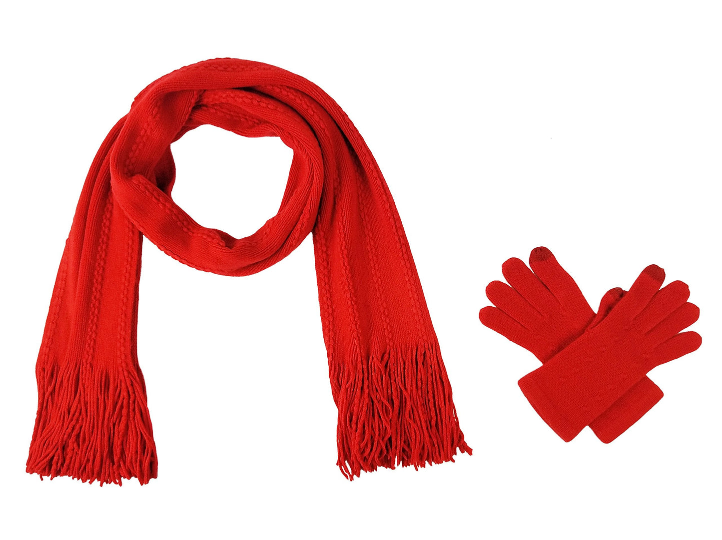 BRUCERIVER Women's Knit Scarf & Glove Set Cashmere Feel and Cable Design (Red Touchscreen)
