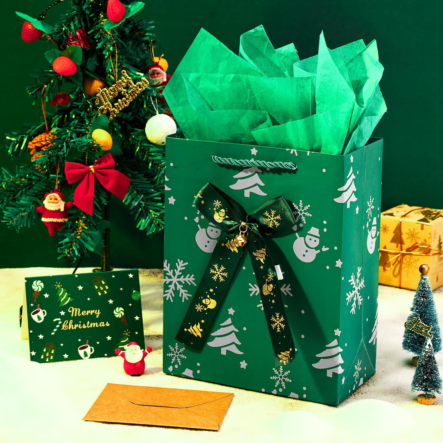 JMANNI Christmas Gift Bags, Christmas Bags with Tissue Paper, 2 Styles christmas bags for gifts, Small Gift Bags With Christmas bells, Xmas Paper Bags, Gifts Wrapping, Party Favors Holiday Gift Bags